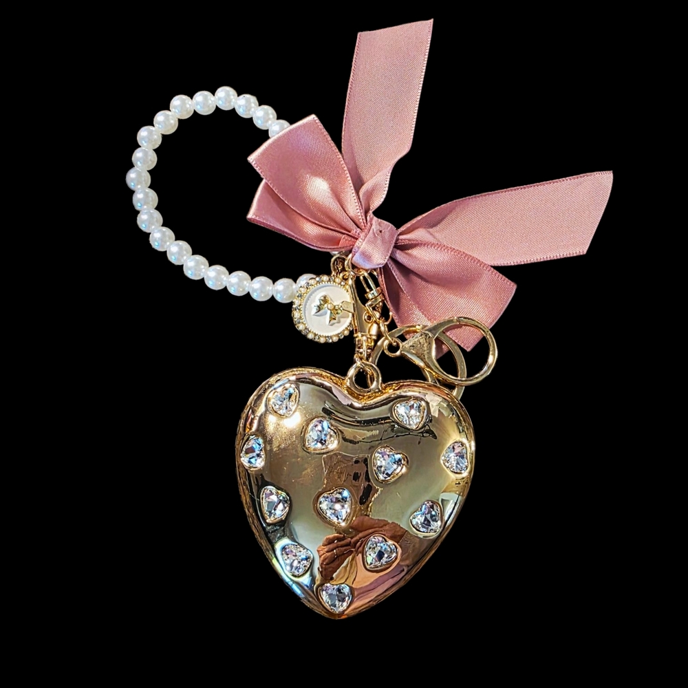 SALE!! Gold Heart Handbag Charm/Keychain with Pink Bow and Pearl Accent--NWOT